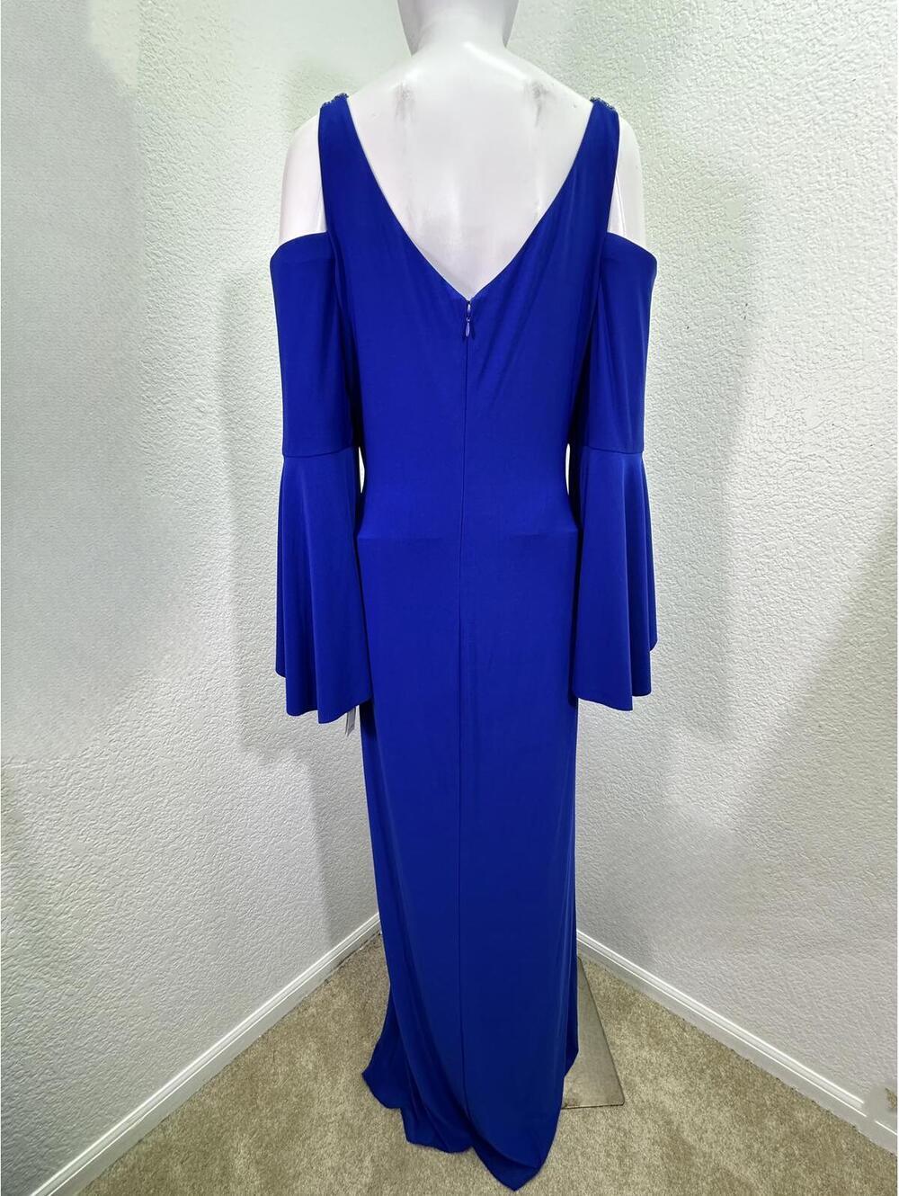 Sz 18 Lauren Ralph Lauren Royale Blue Cold Shoulder Ruched Bell Sleeves Gown - Picture 4 of 9